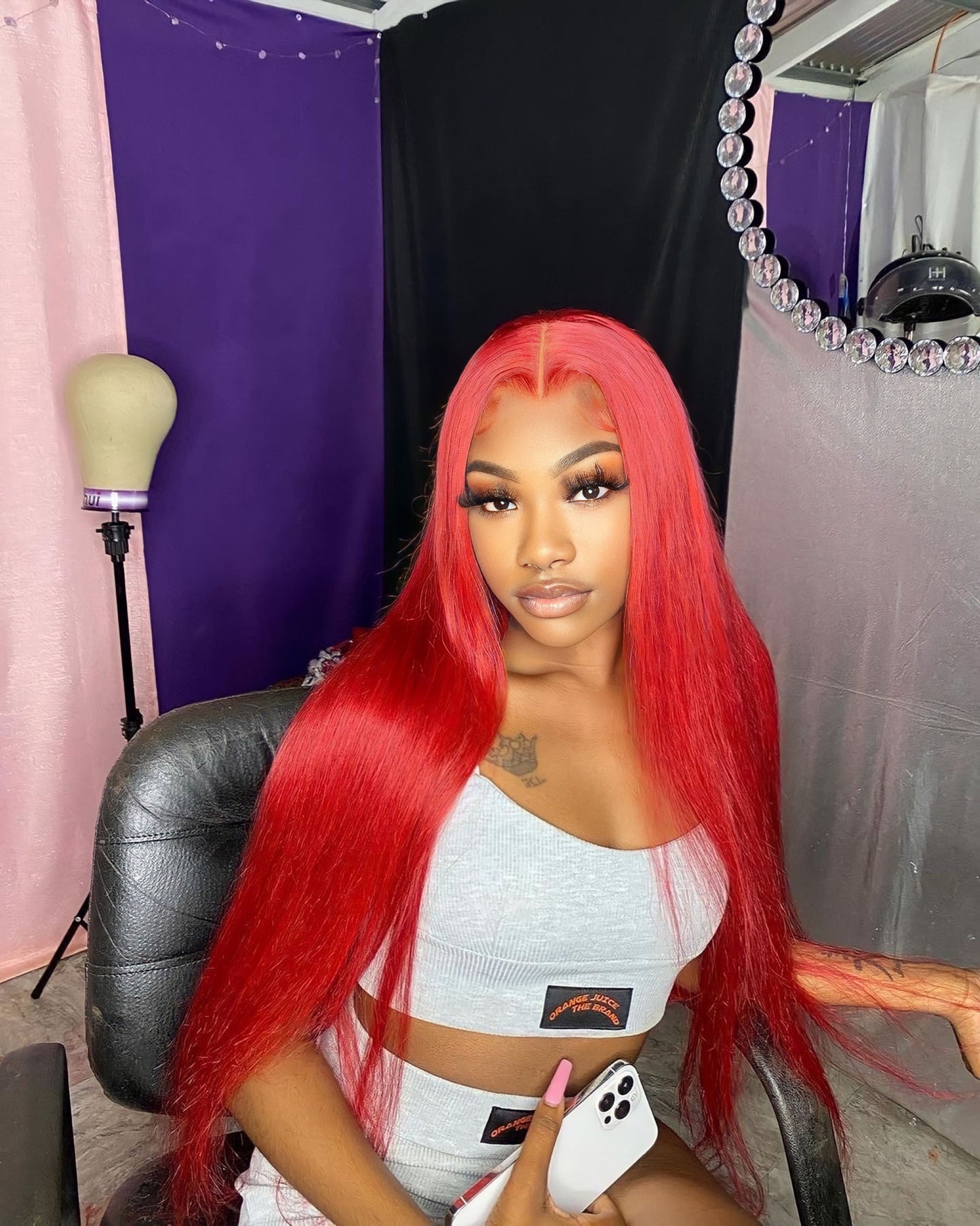 (RUSH) Red Colored Straight Lace Frontal Wig