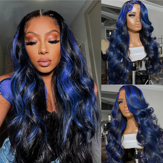 (NEW) Black & Blue Highlighted Body Wave Lace Frontal Wig - SheSoPrada