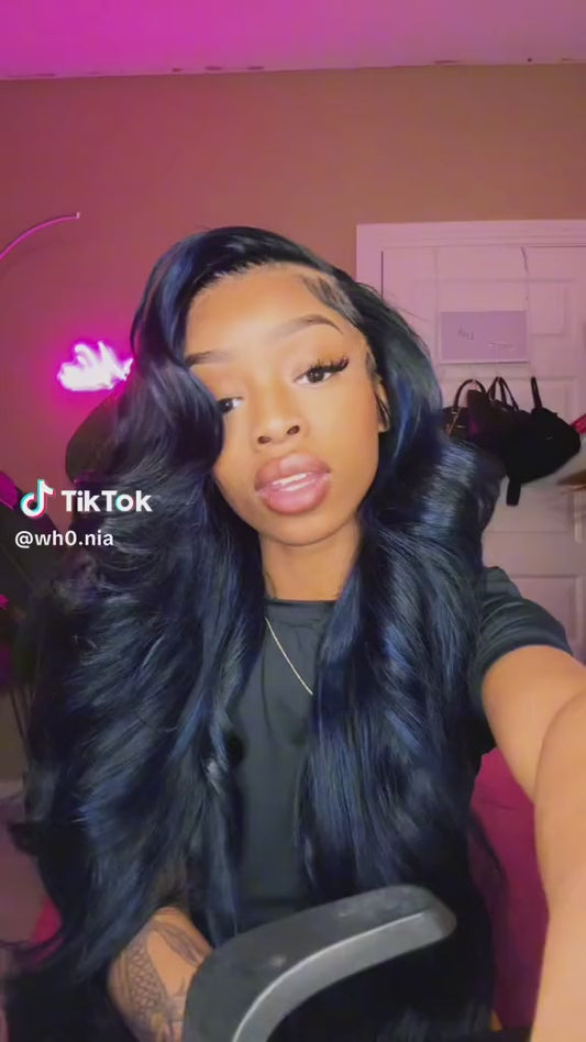 (NEW) Black & Blue Highlighted Body Wave Lace Frontal Wig