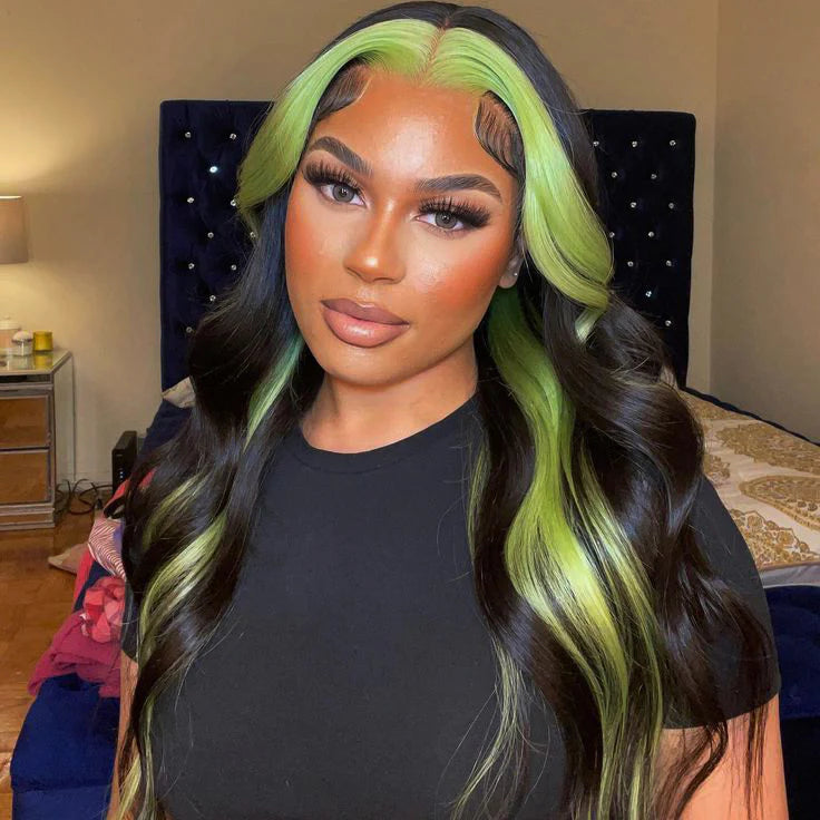 Black And Green Skunk Stripe Body Wave Lace Frontal Wig