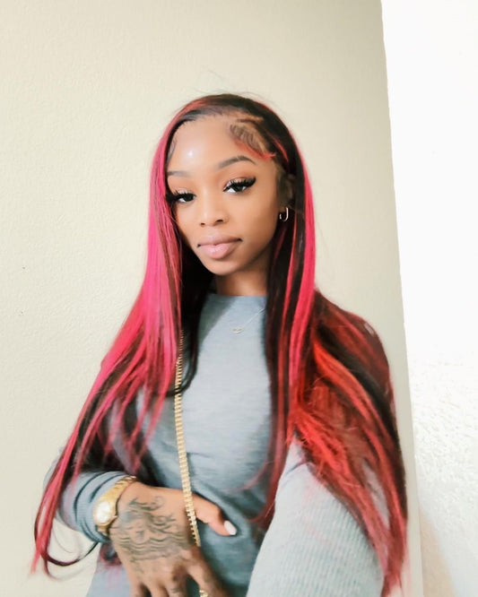 (NEW) Black & Pink Highlighted Body Wave Lace Frontal Wig