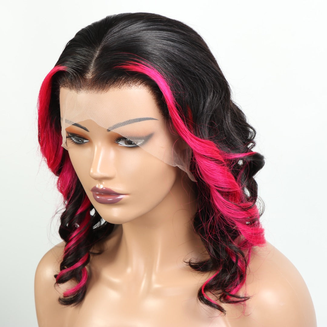(NEW) Black & Hot Pink Highlighted Body Wave Lace Frontal Wig