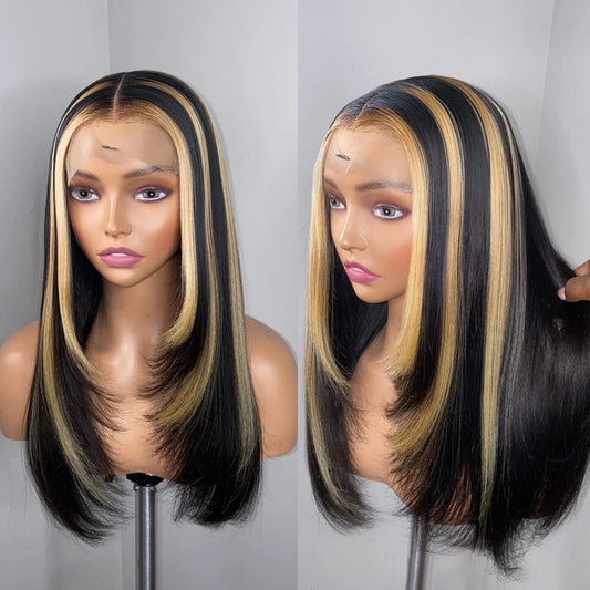 (NEW) Blonde Highlighted Layered Black Straight Lace Frontal Wig
