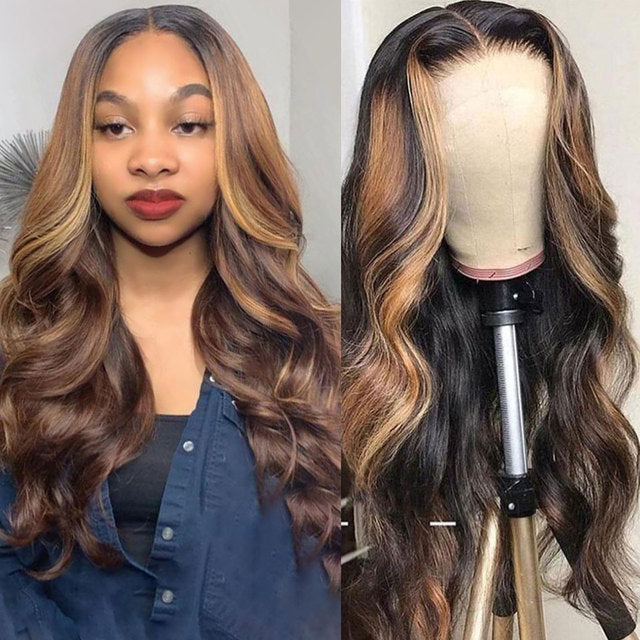 Black & Honey Blonde Highlighted Brazilian Body Wave Lace Frontal Wig