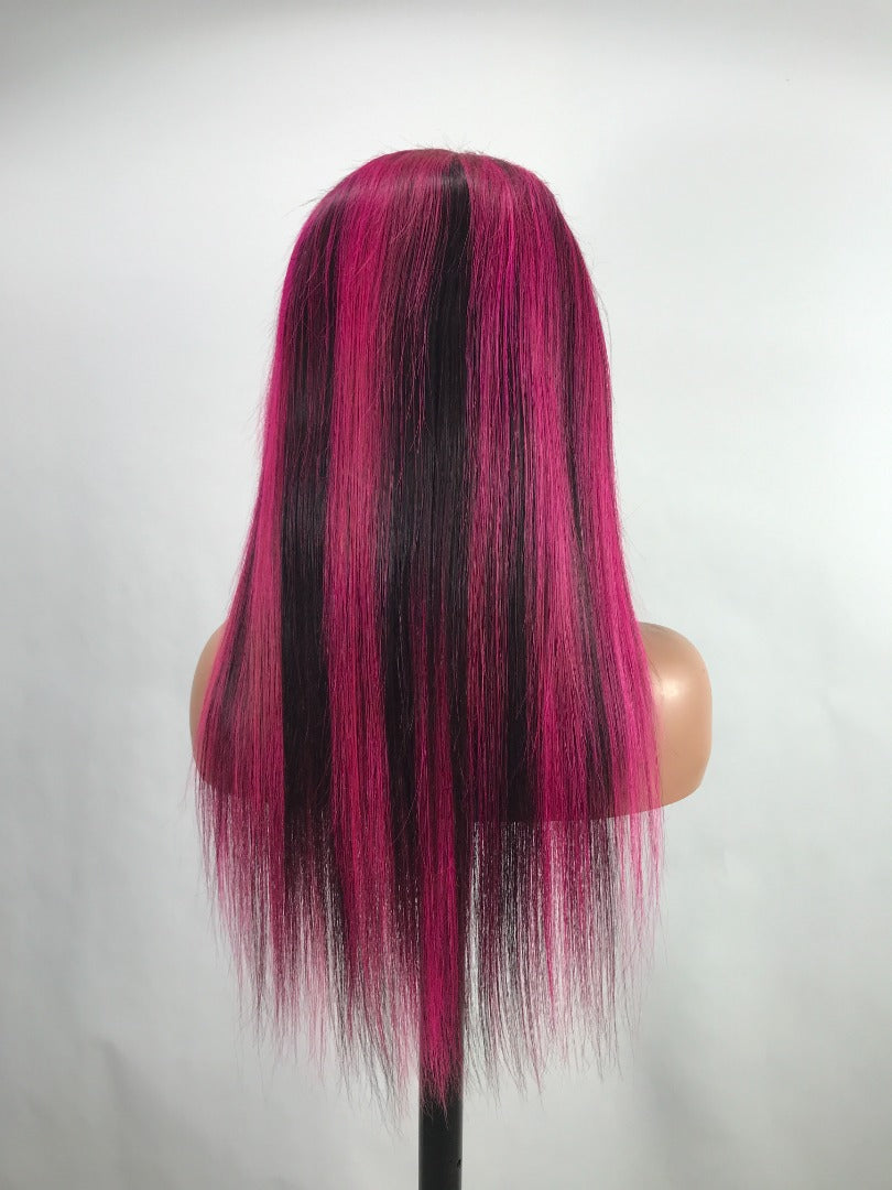 Hot Pink Highlighted Black Straight Lace Frontal Wig